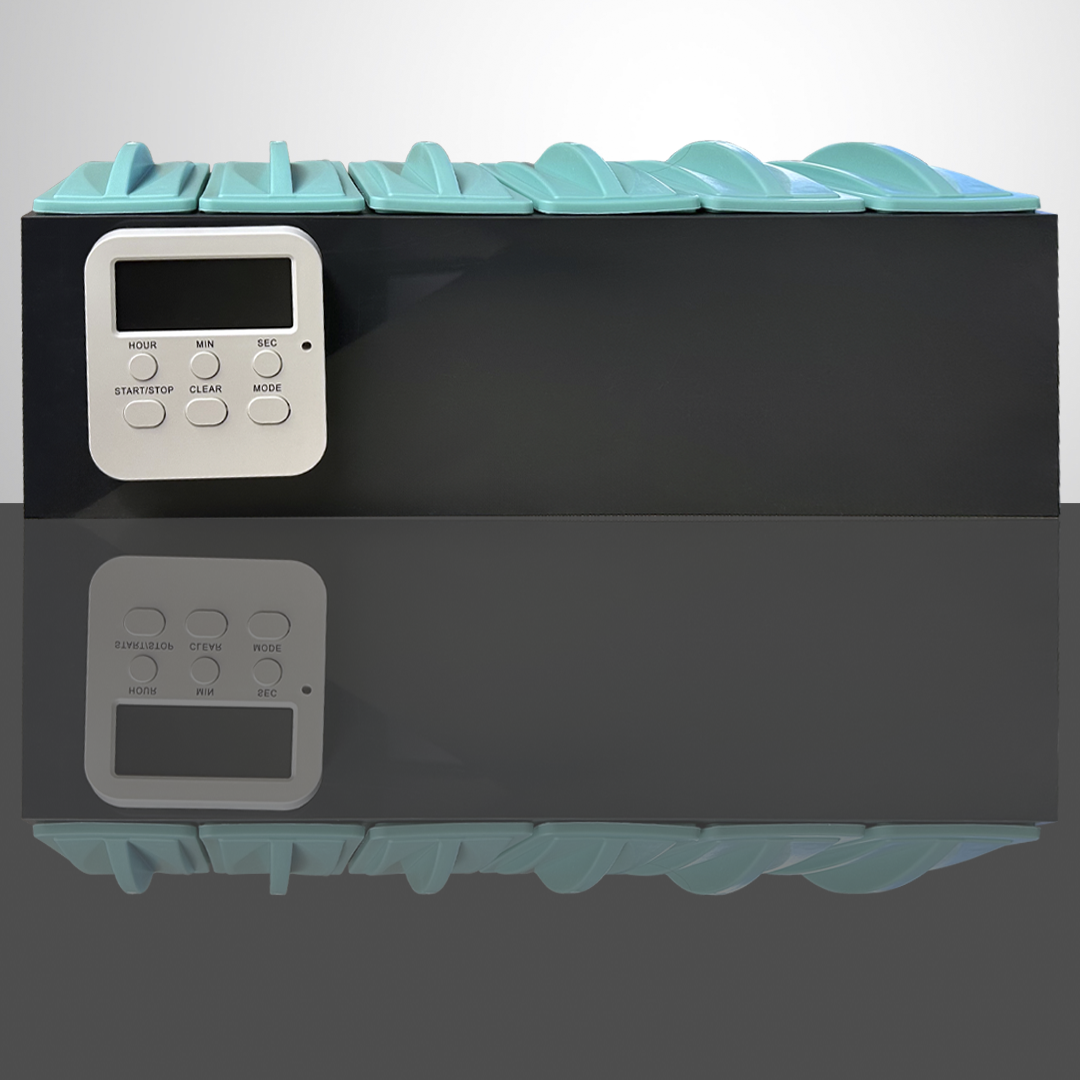 SSS-60CK slide staining rack with a digital clock on a gray table and reflection A