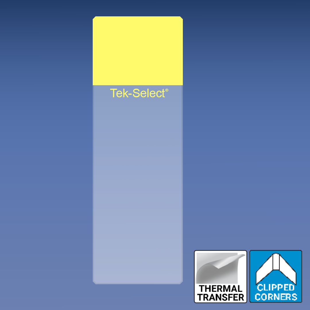 Yellow Y-9203 Thermal Print Microscope Slides Clipped Corners slide on a blue background with icons