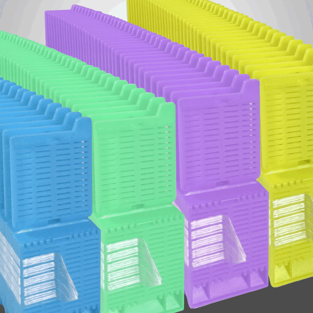 Type 9 Embedding Cassettes with Attached Lids blue, green, purple, and yellow