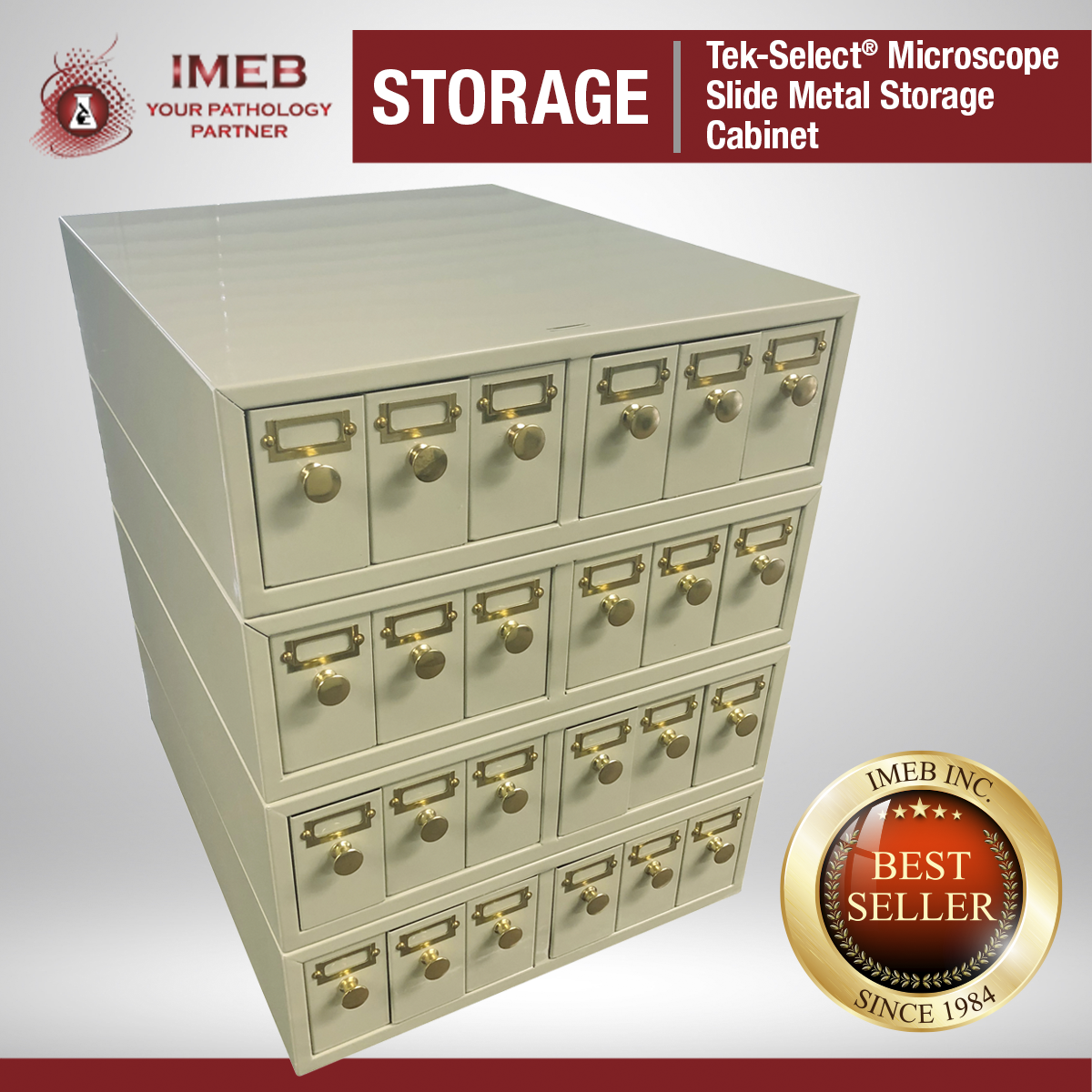 Tek-Select® Metal Slide Storage Cabinets provide affordable, sturdy slide storage. These cabinets feature convenient pull knob drawers with metal dividers. Removable drawers feature ball suspension design to prevent accidental pull out.