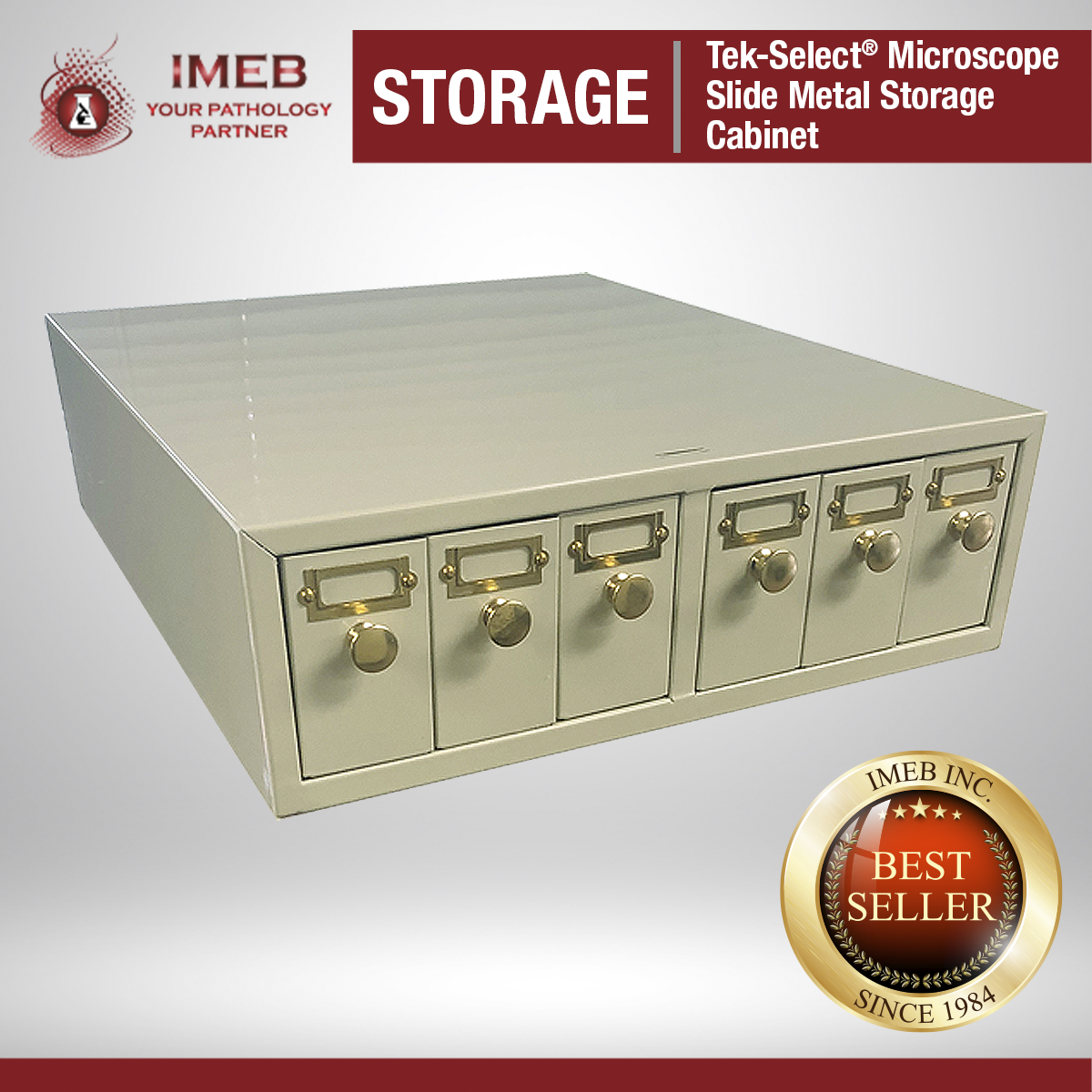 Tek-Select® Metal Slide Storage Cabinets provide affordable, sturdy slide storage. These cabinets feature convenient pull knob drawers with metal dividers. Removable drawers feature ball suspension design to prevent accidental pull out.