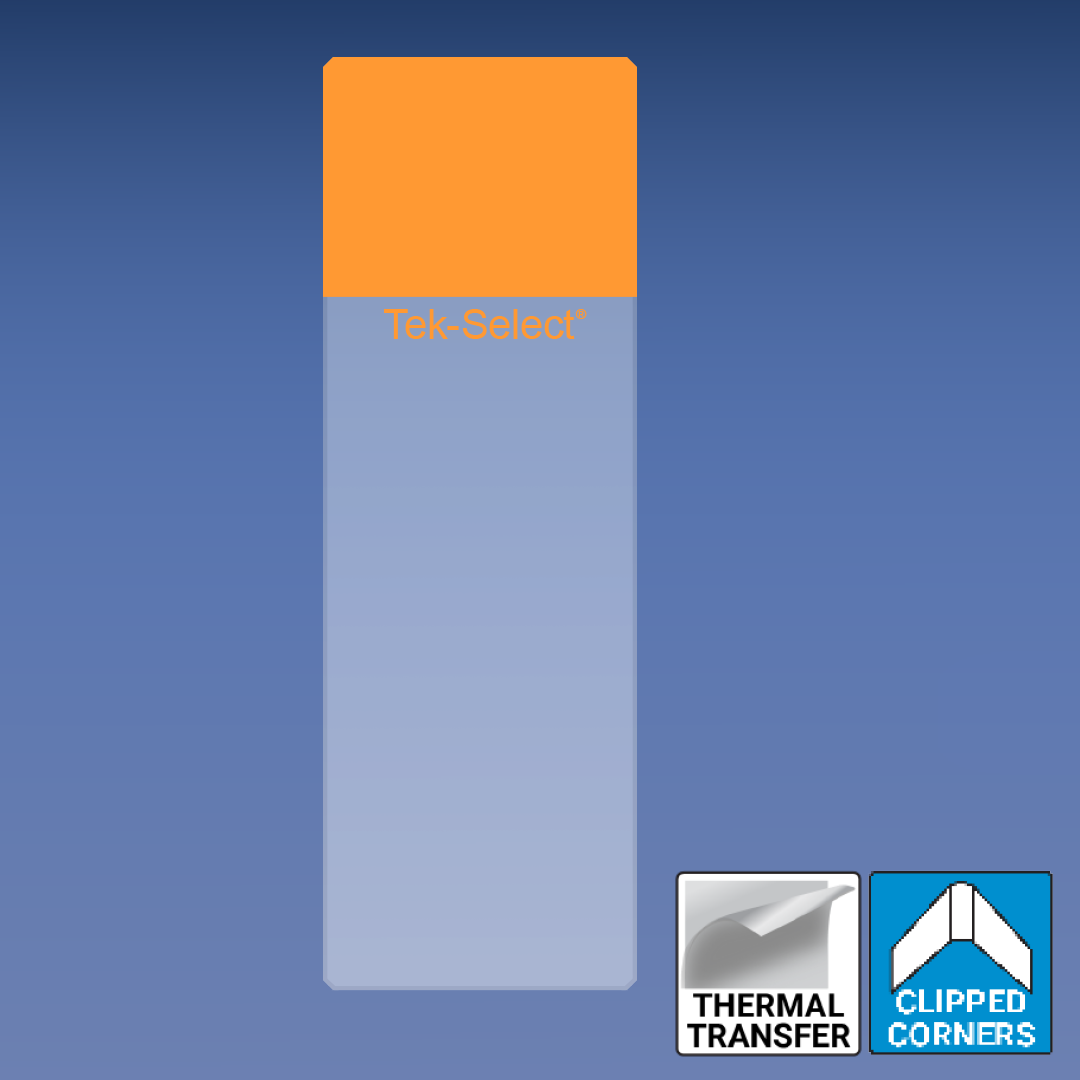 Orange O-9205 Thermal Print Microscope Slides Clipped Corners slide on a blue background with icons