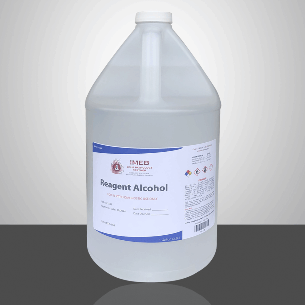 100 percent reagent alcohol on a gray background